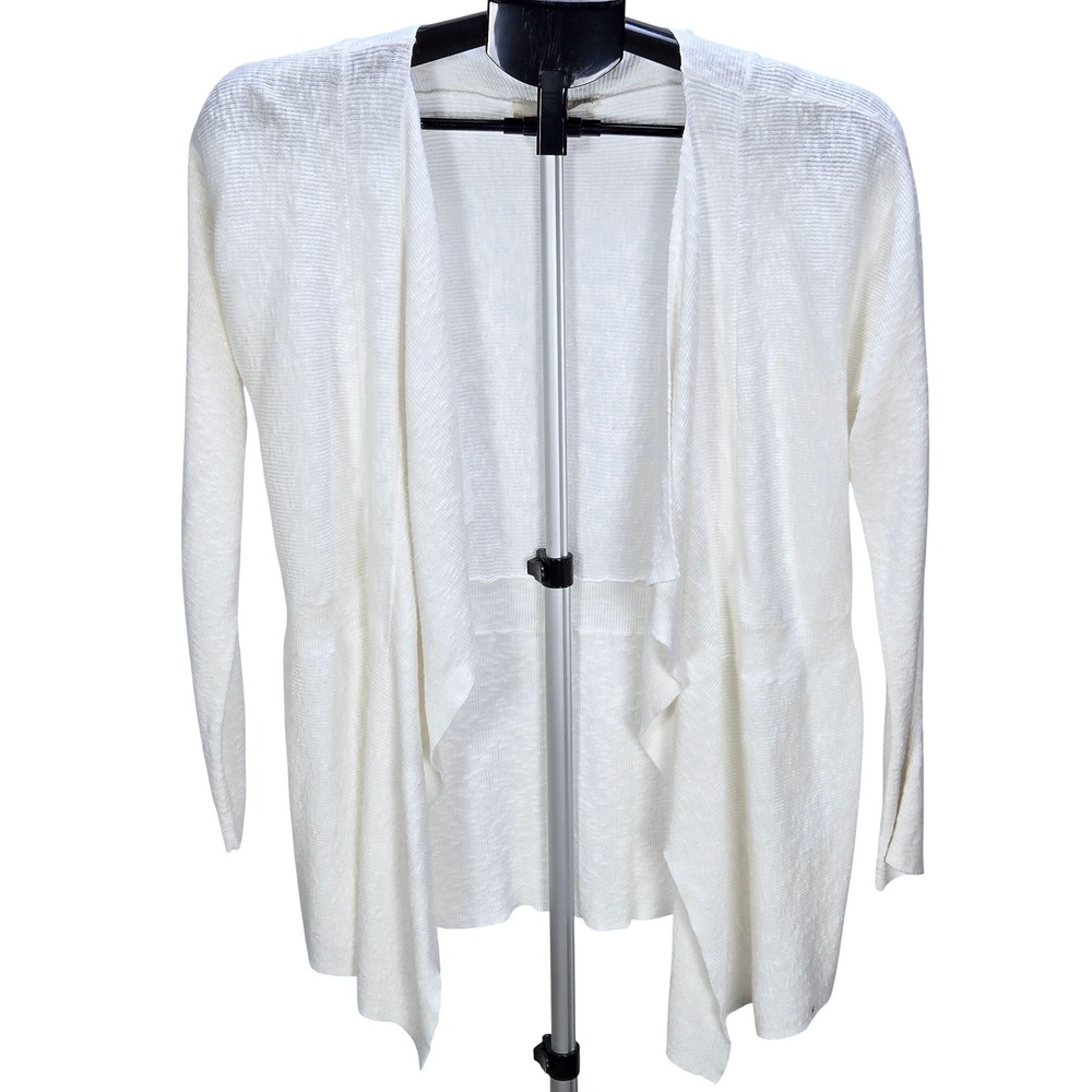 Women's Eileen Fisher Medium White Linen Cotton Open Front Draped Cardigan